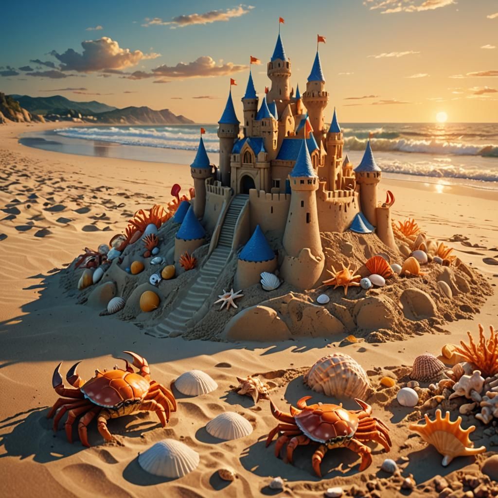 Crab in Ornate Sandcastle at Sunset: Digital Art