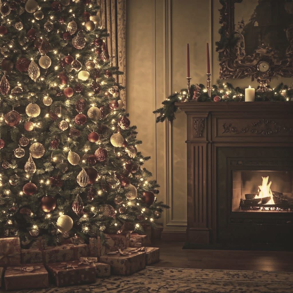 Elaborate Christmas Tree with Fireplace, Cinematic Lighting