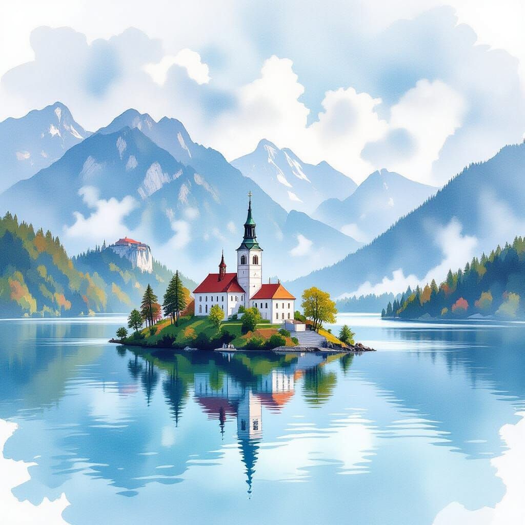 Lake Bled Island Church in Watercolor Style