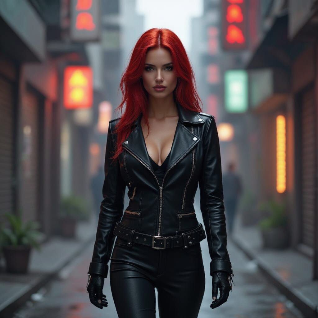 Cyberpunk Woman with Fiery Hair in Gritty Alleyway