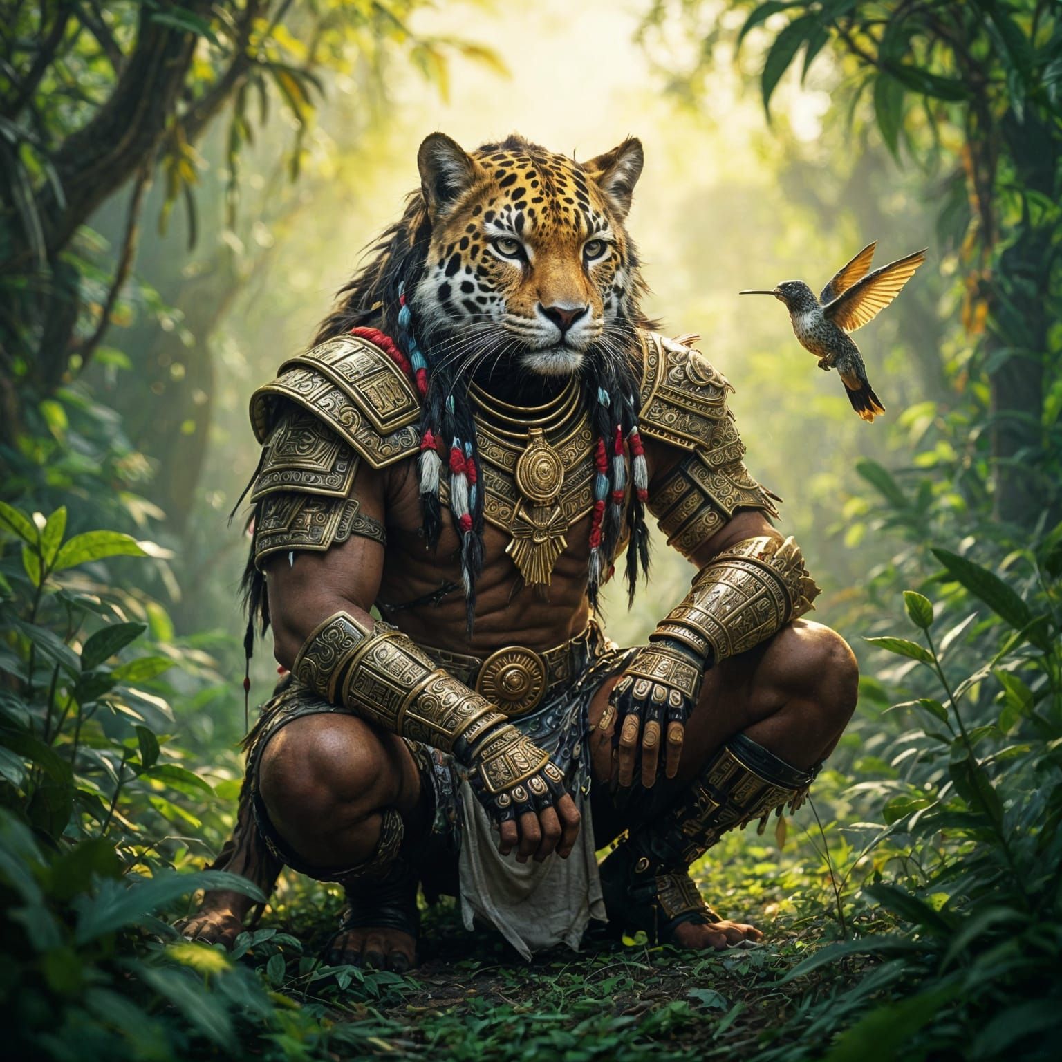 Jaguar Warrior in Golden Jungle Sunlight