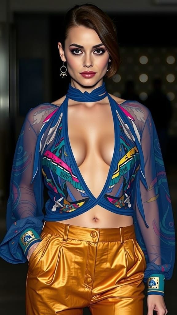 Bold Fashionista in Metallic Gold and Icy Blue Haute Couture