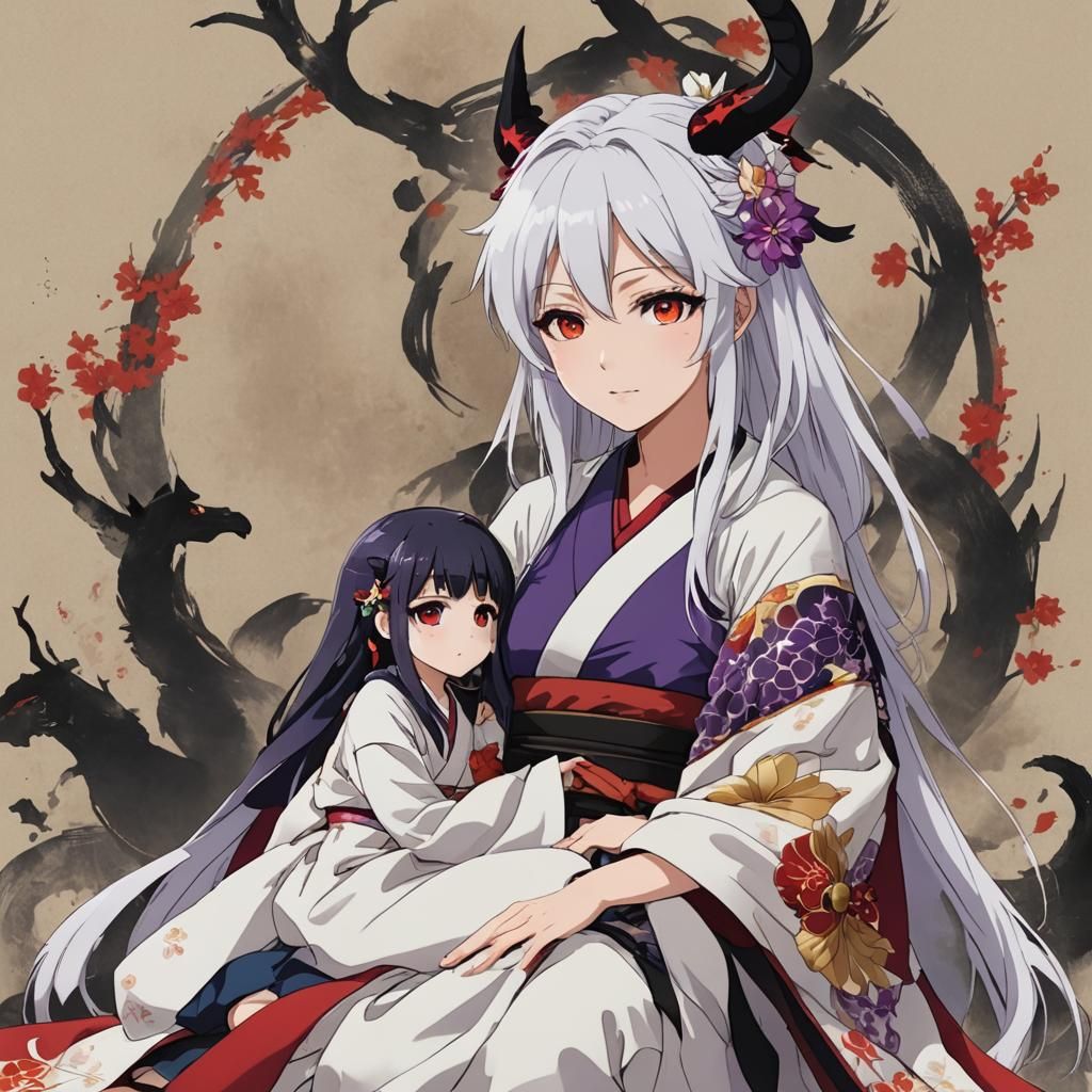 Anime Style: Child and Woman in Cherry Forest
