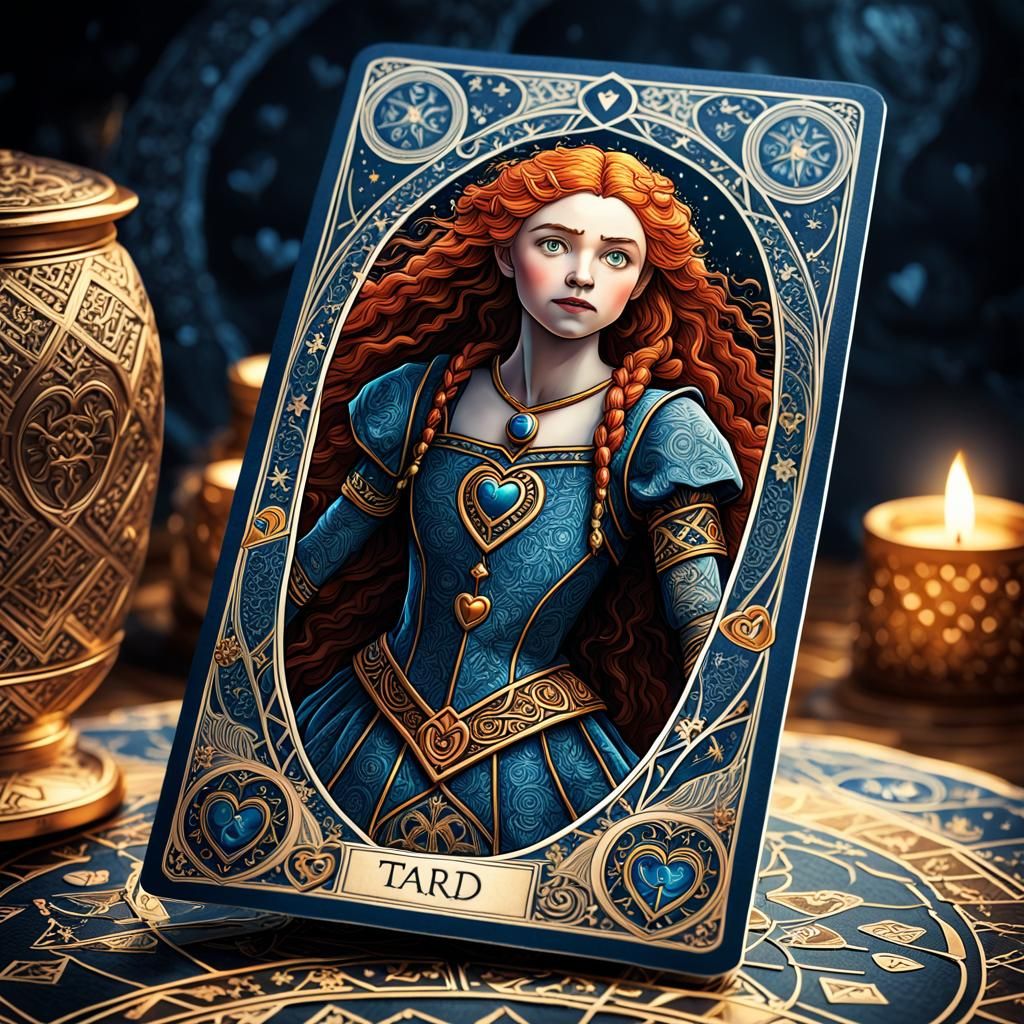 Merida Tarot Card with Heart Accents, Detailed Design
