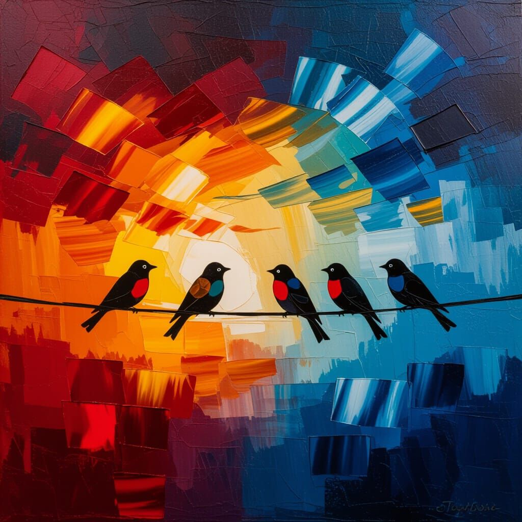 Abstract Oil Painting of Birds on a Wire
