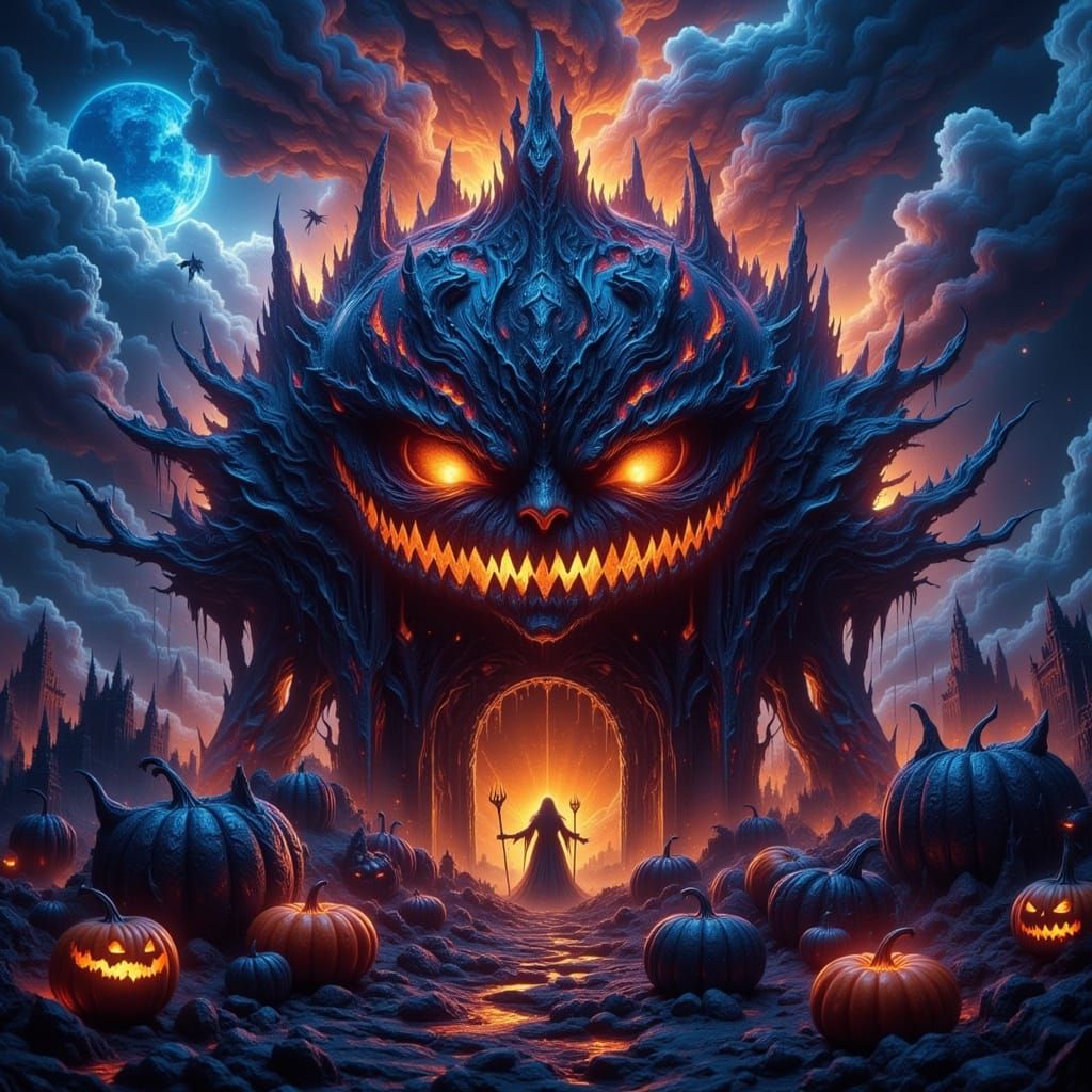 Angry Fiery Pumpkin God in Swirling Galaxy Clouds