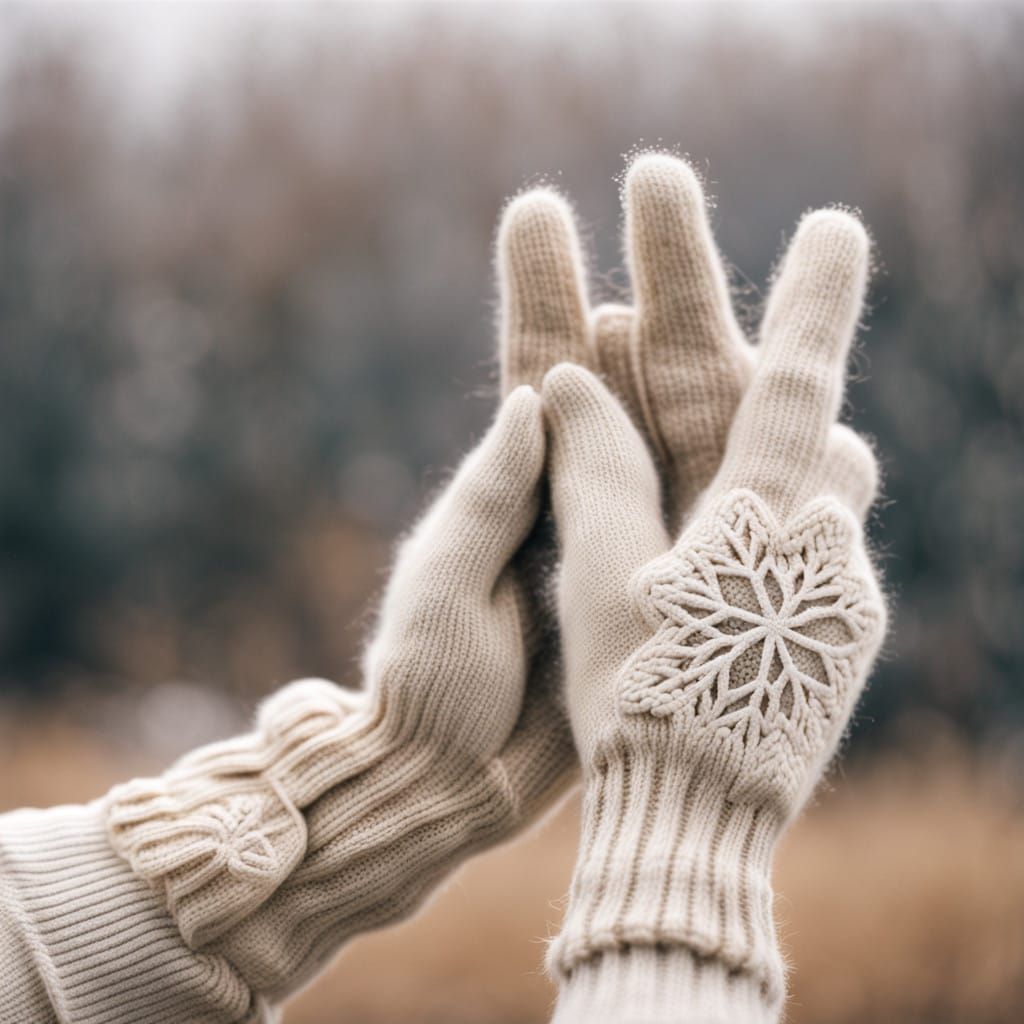 Snowflakes Gently Rest on Cream-Colored Mittens