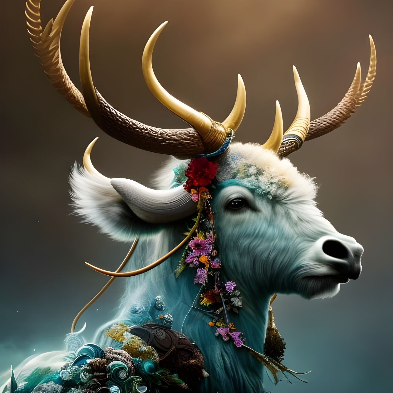 Celestial Buffalo with Flowered Horns: Digital Art