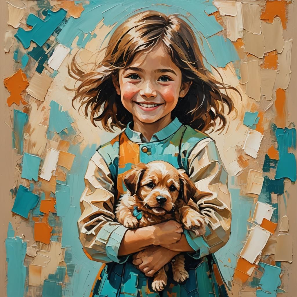 Girl and Puppy in Neo-Impressionist Oil Painting