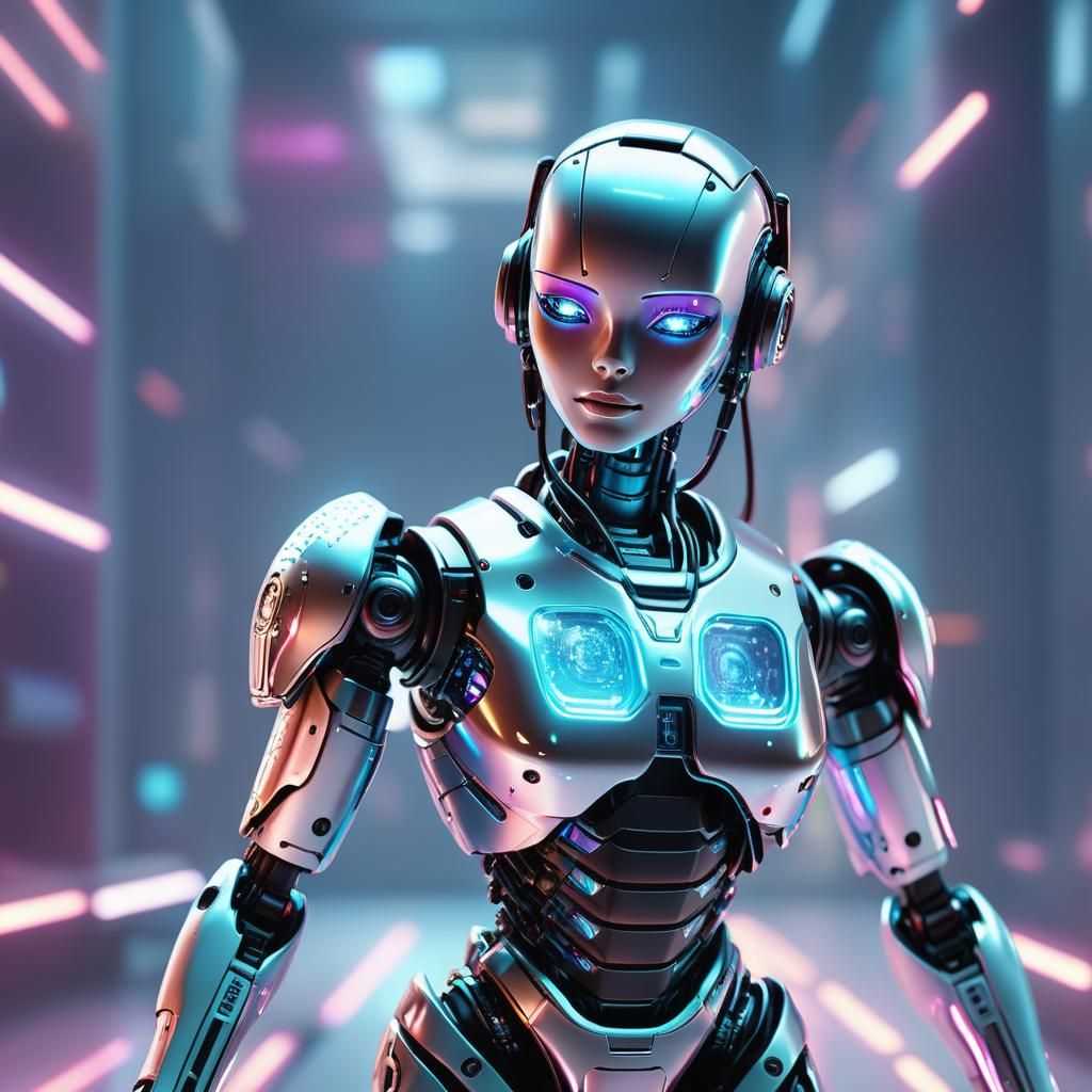 Futuristic Robot Doll with Holographic Elements in 3D
