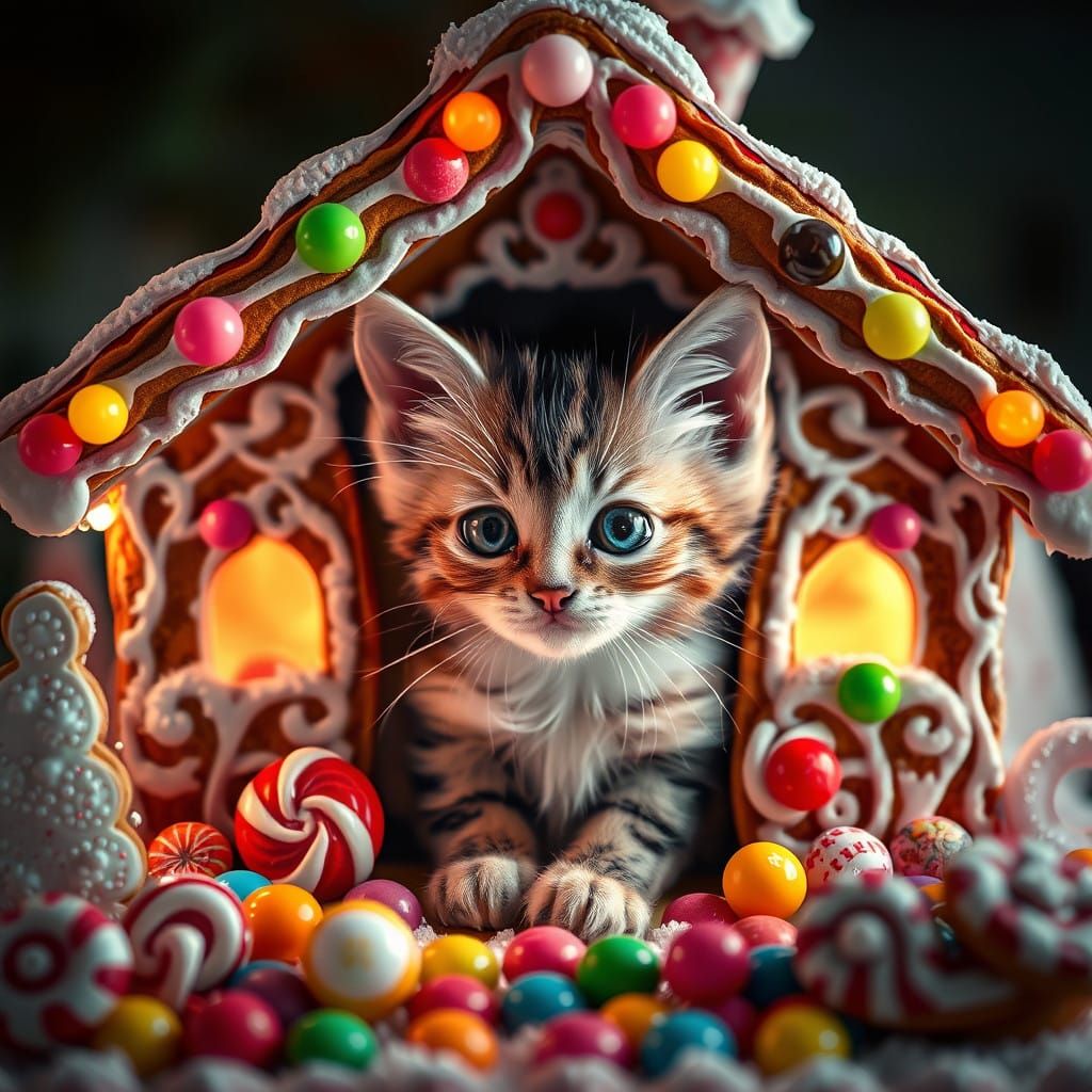 Kitten Inside Gingerbread House in Hyperrealistic Style