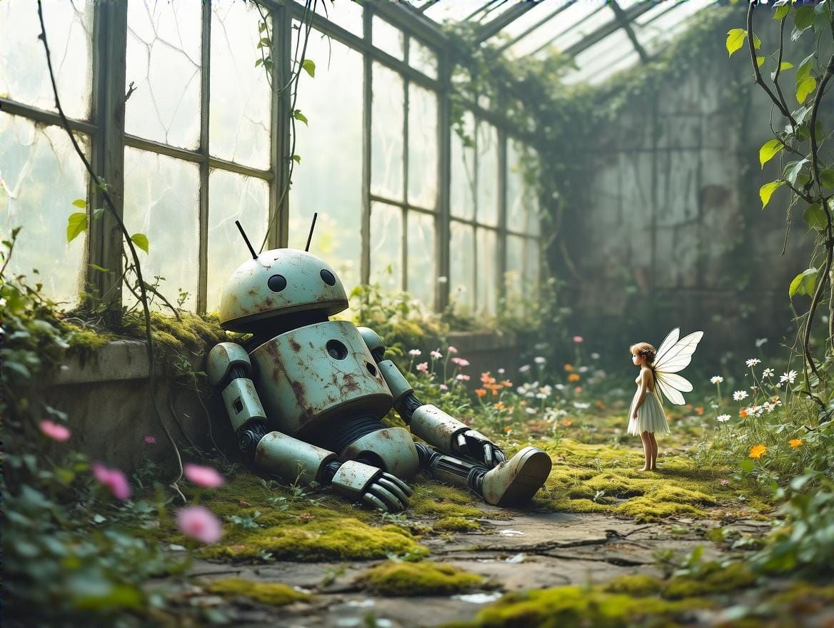 Android and Fairy in Overgrown Greenhouse