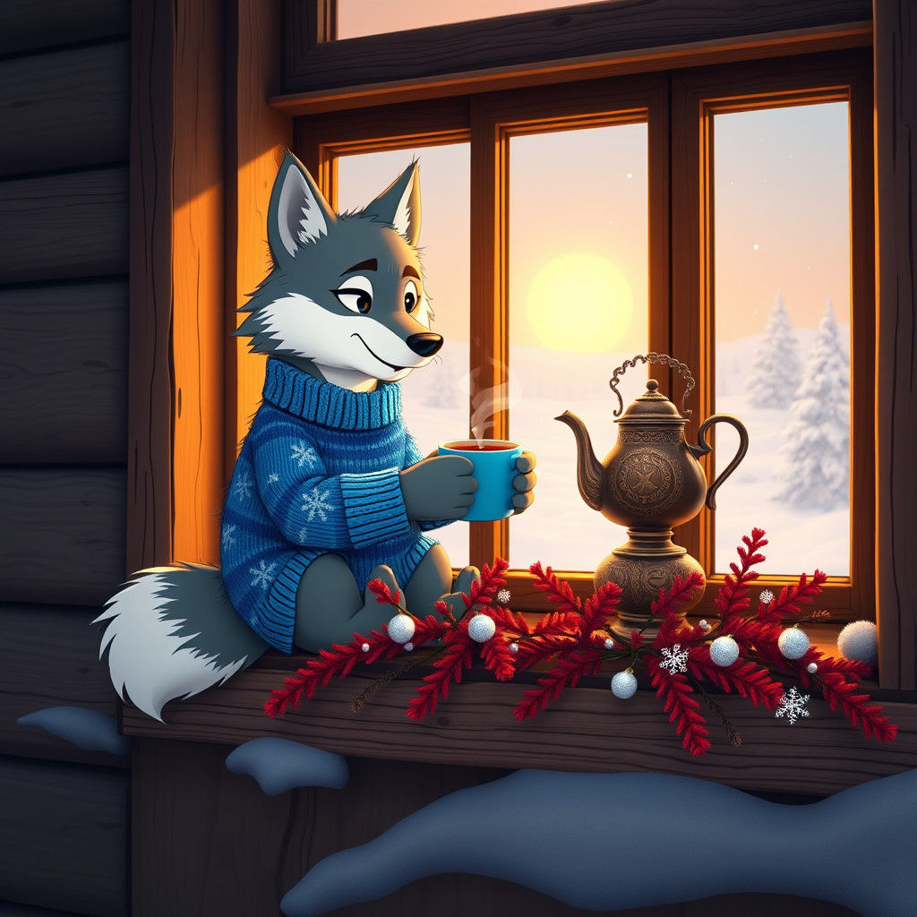 Cartoon Wolf's Cozy Winter Tea Party