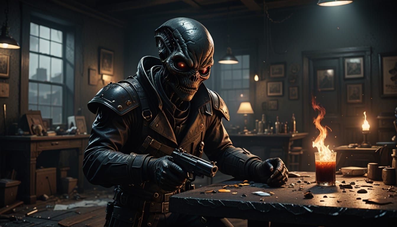 Film Noir Alien Crime Boss Fires Blaster