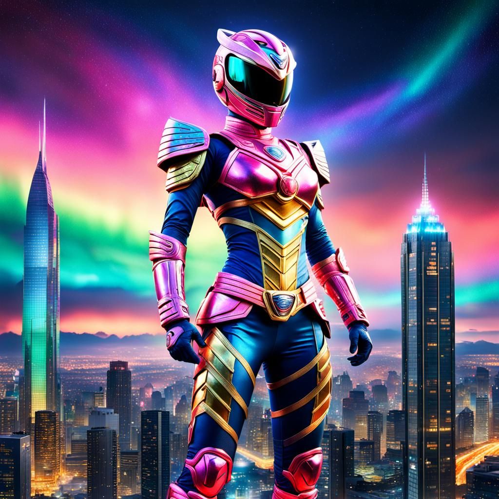 Sci-Fi Serpent Heroine on Skyscraper with Northern Lights