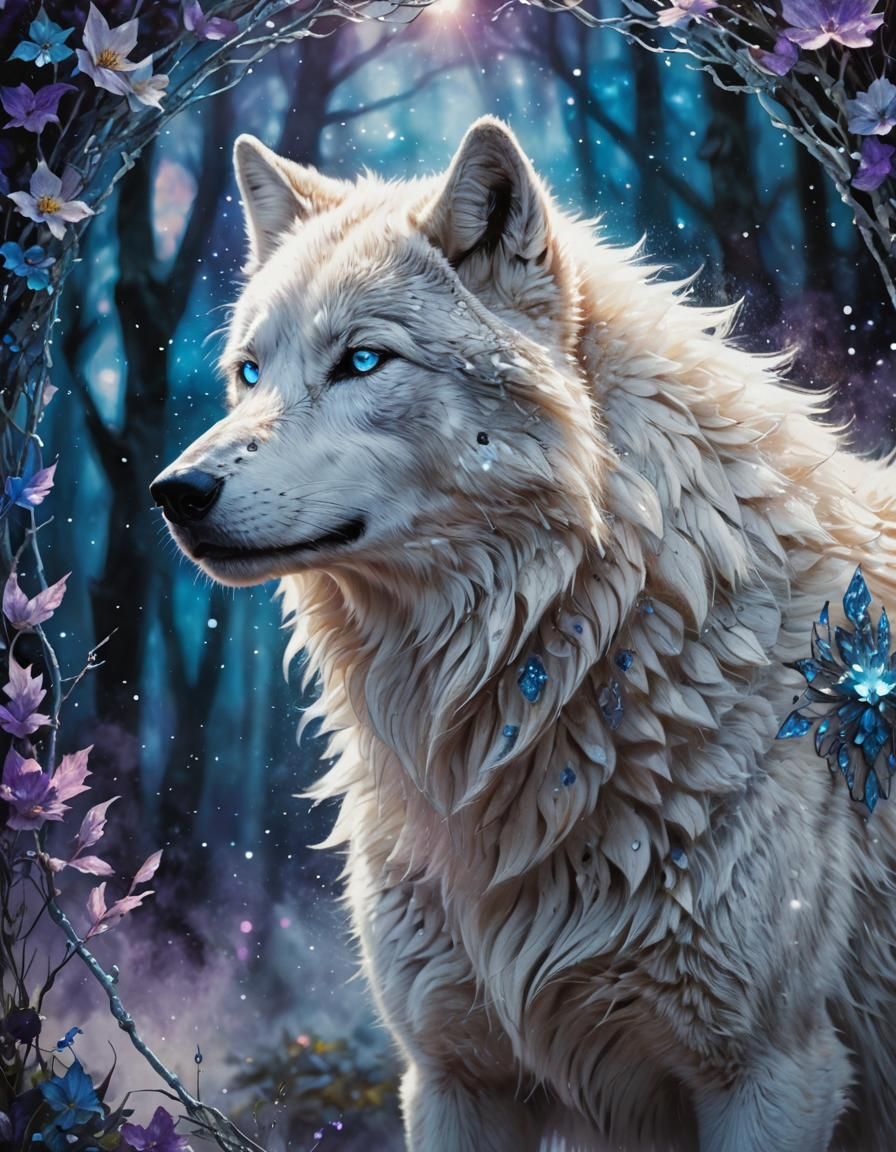 Majestic White Wolf Portrait in Manga Style