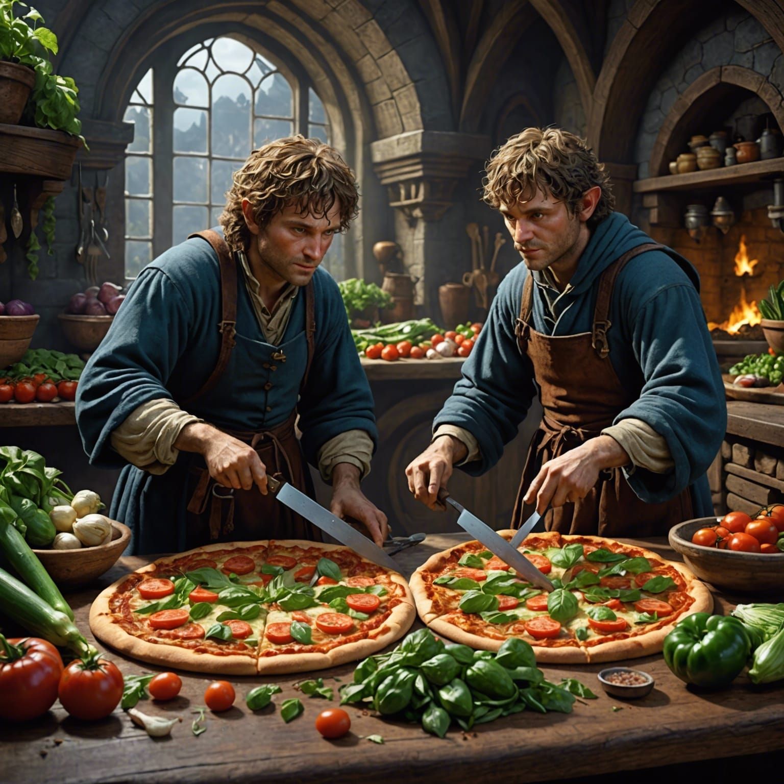 Hobbits Prepare Pizza in Dark Fantasy Style