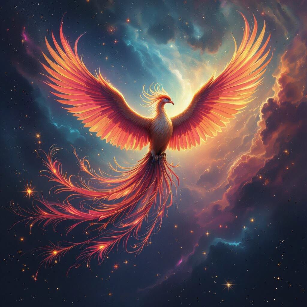 Majestic Phoenix Soars Through Cosmic Nebula in Impasto Styl...