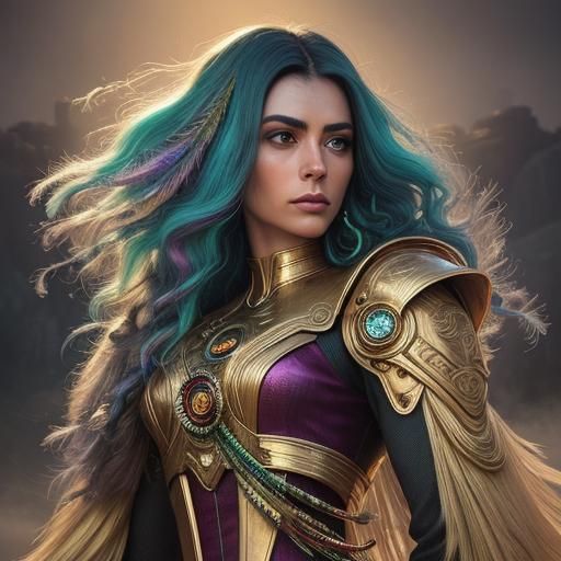 Ethereal Serpent Woman with Peacock Hair, Digital Art