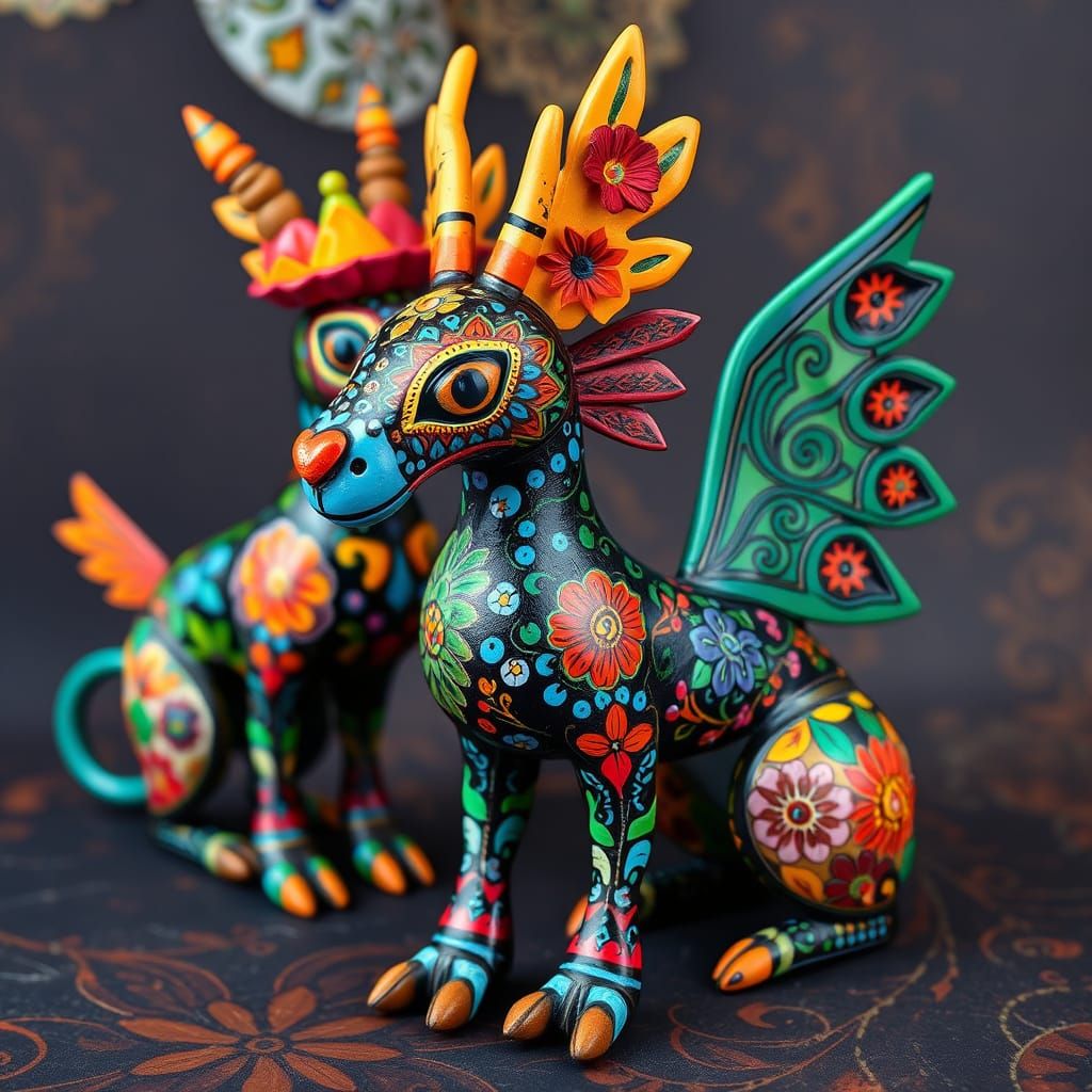 Colorful Oaxacan Alebrijes in Talavera Style