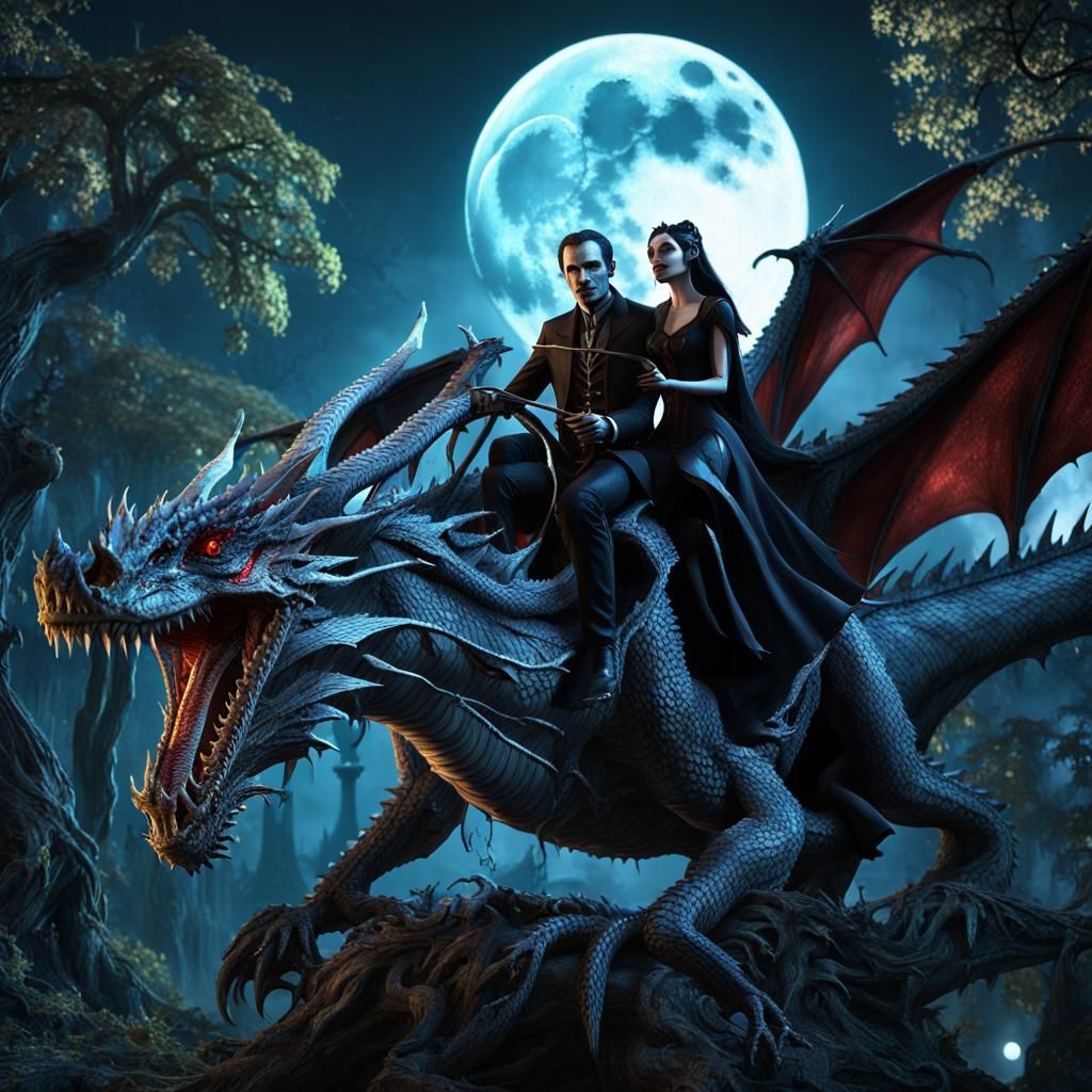 Gothic Couple Ride Dragon in Enchanted Forest