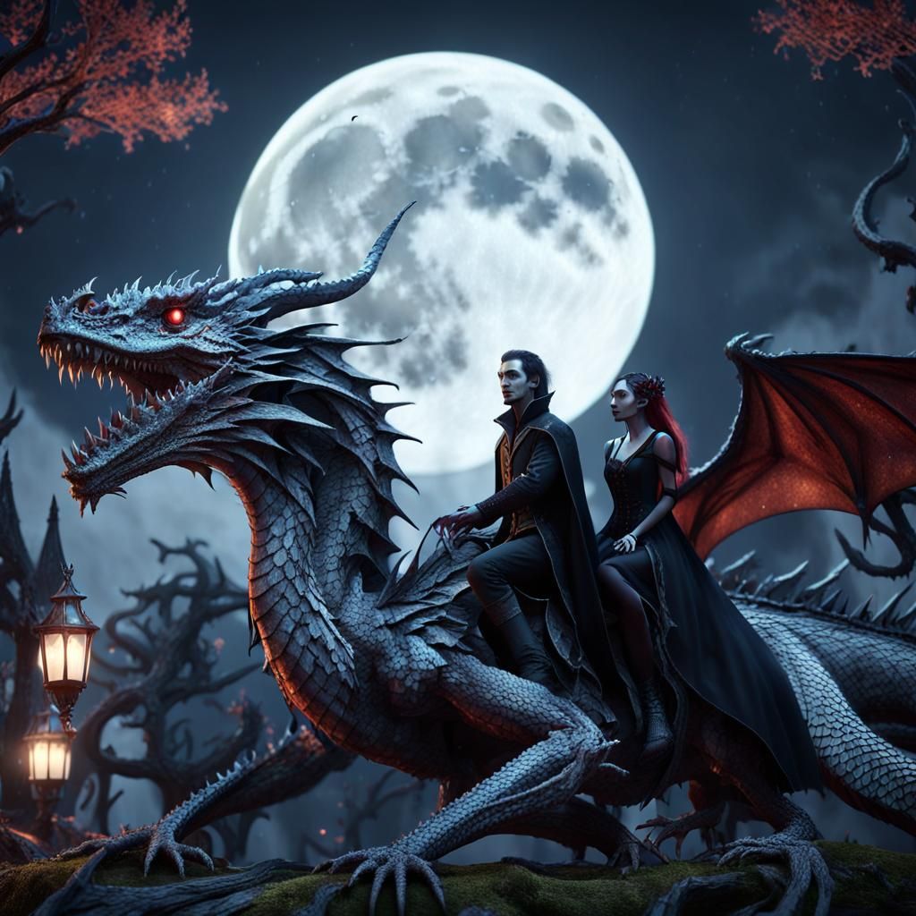 Gothic Vampire Couple on Dragon in Enchanted Forest