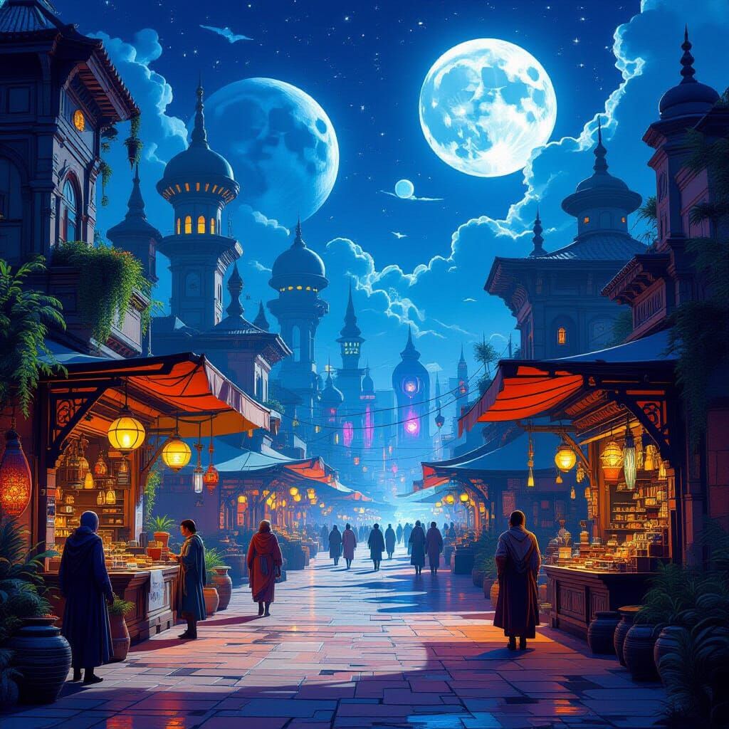 Vibrant Alien Marketplace with Twin Moons