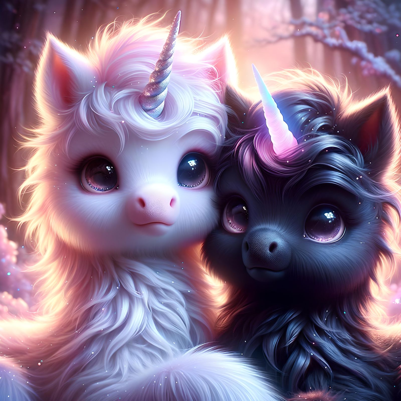 Radiant Unicorns Cuddle in Magical Forest