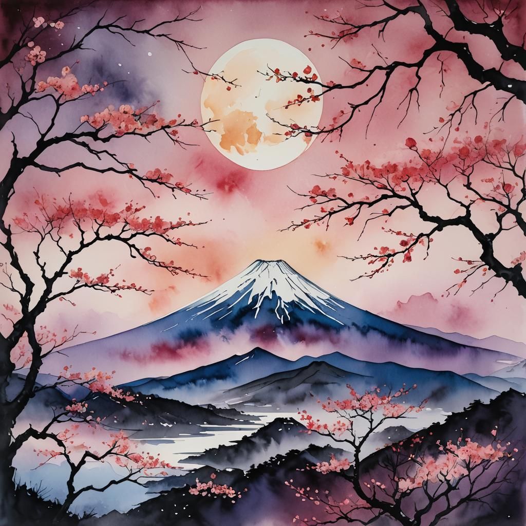 Full moon, gracing the silhouette of Mount Fuji.