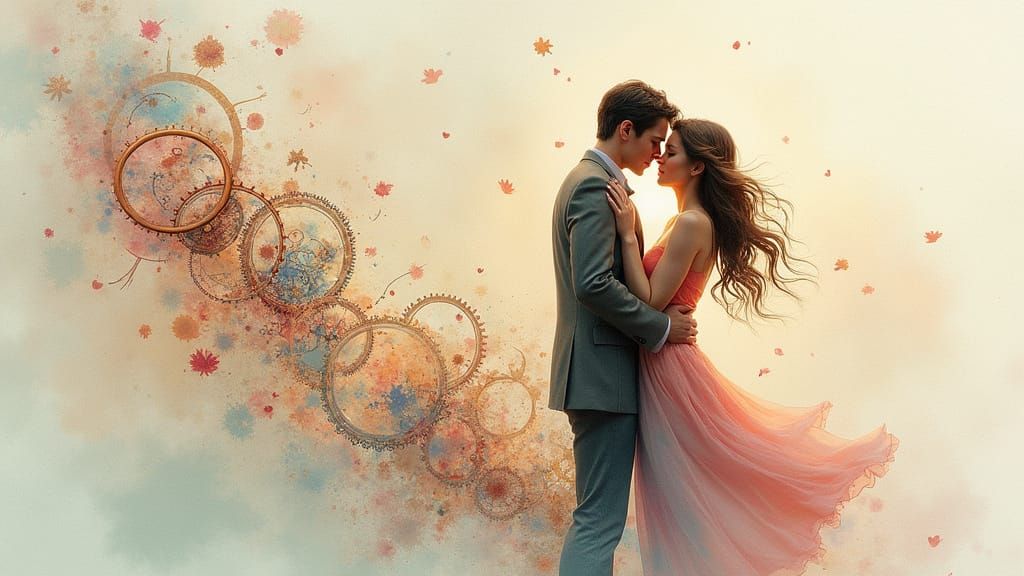 Embracing Couple Surrounded by Clockwork Gears