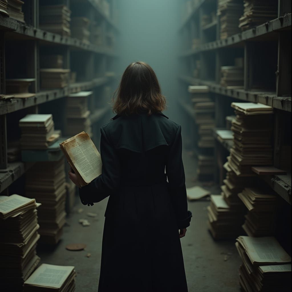 Film Noir Girl with Old Books and Files