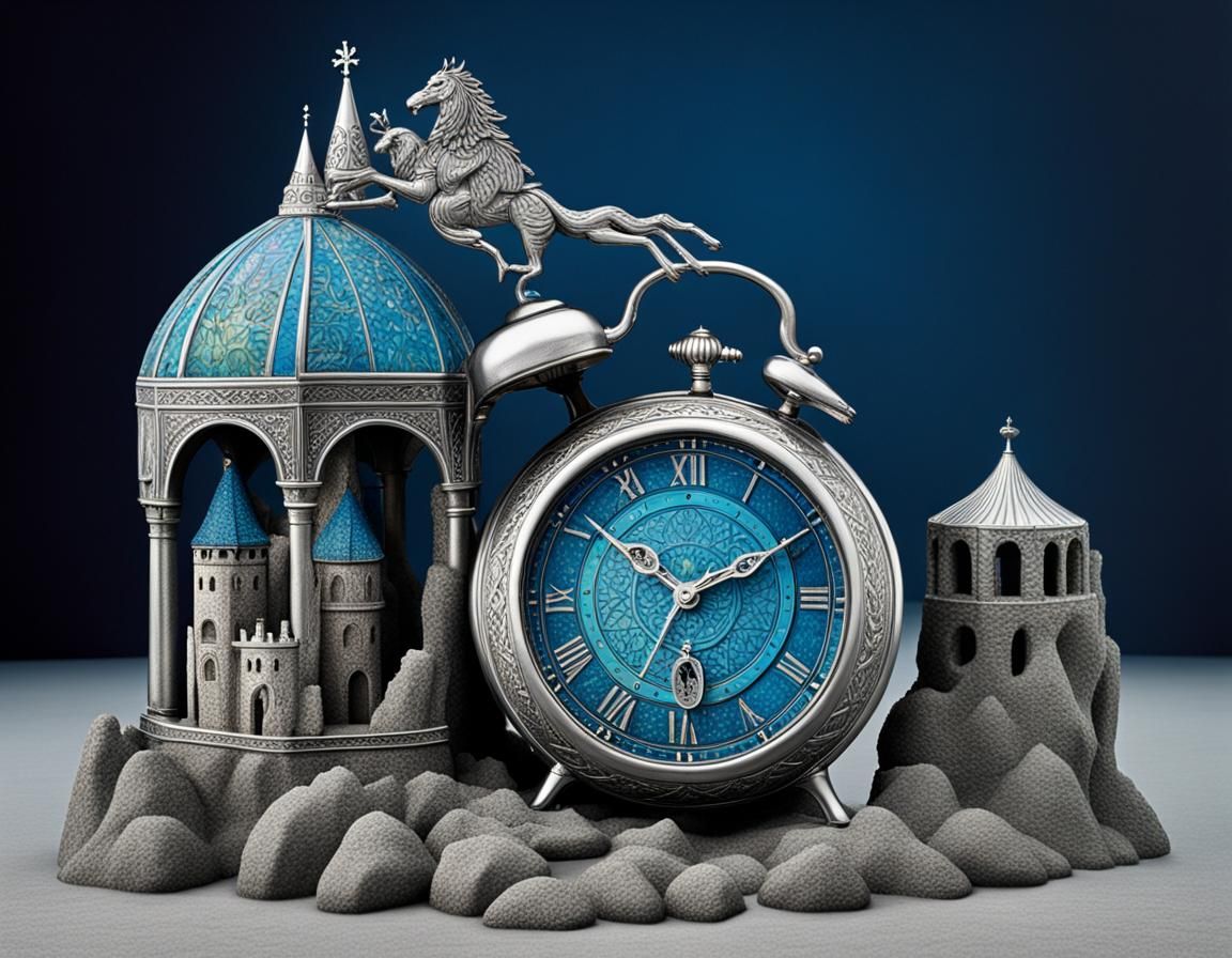 reloj de arena sobre una roca. la mitad de la escena medieval y la otra mitad moderna cool colors Amanda Sage silver nit...