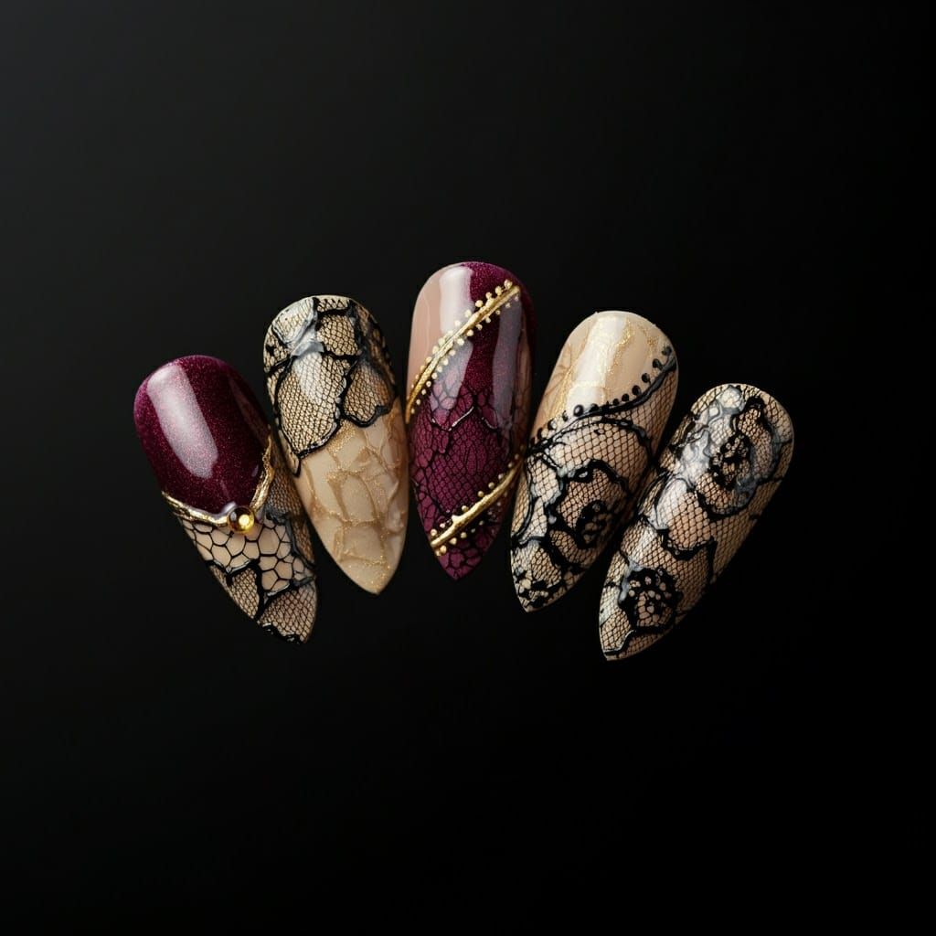 Intricate Lace Nail Art with Gold Accents