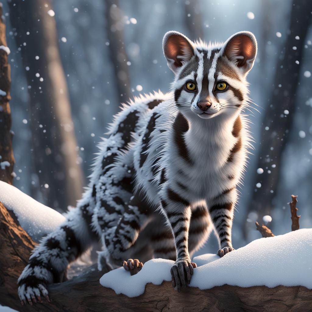 Snow-Frosted Genet in Detailed 3D Rendering