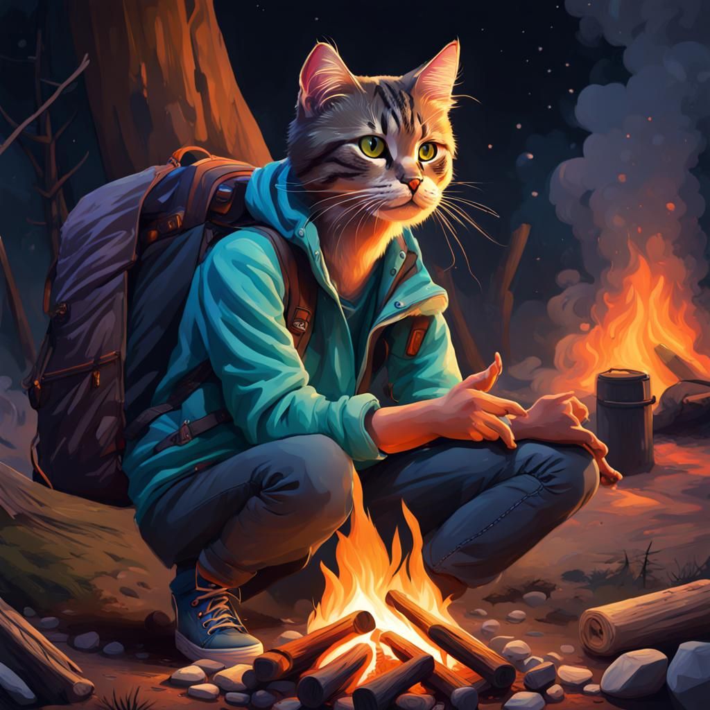 Hyperrealistic Cats Backpacking at Midnight Campfire