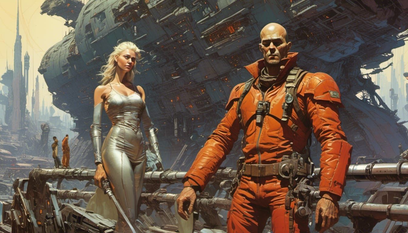 Retro Sci-Fi Warlord with Kneeling Girl