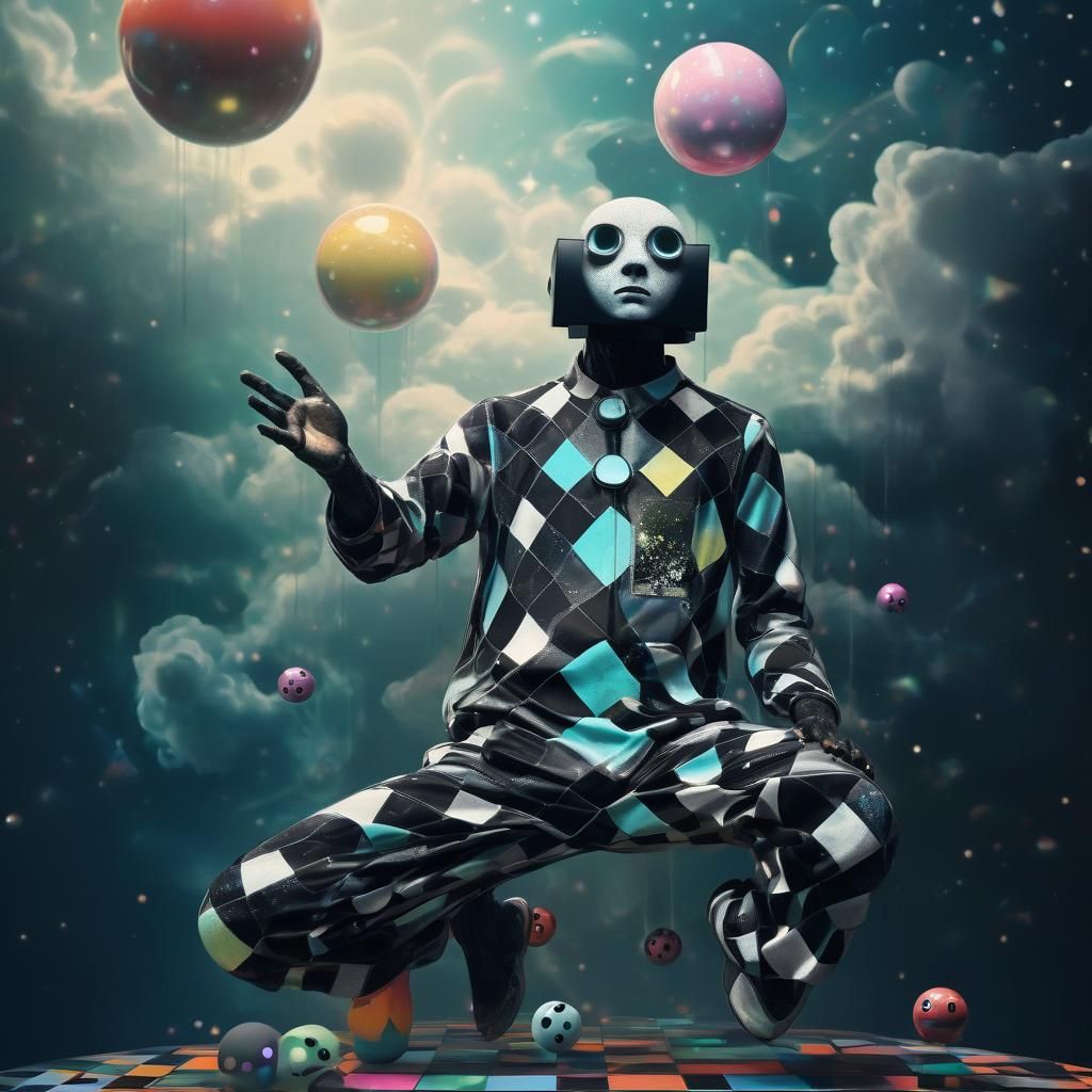 Cosmic Pop Surrealism: Cloud-Headed Figure in Neon Light