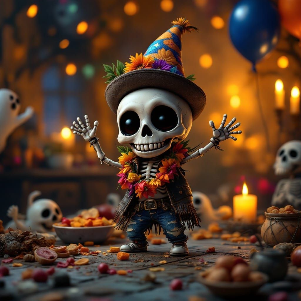 Whimsical Skeleton Dance Party in Vibrant HDR