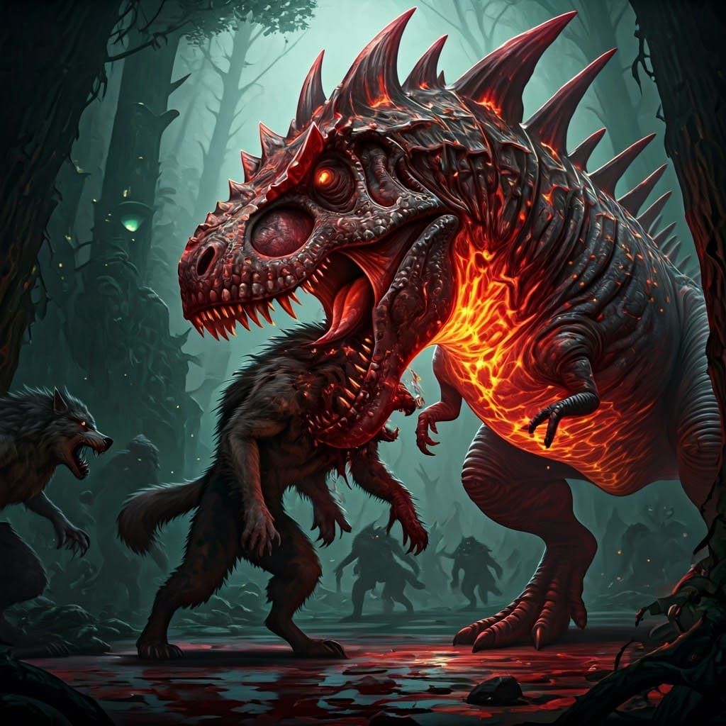 Iridescent T-Rex Bites Werewolf in Fantasy Forest