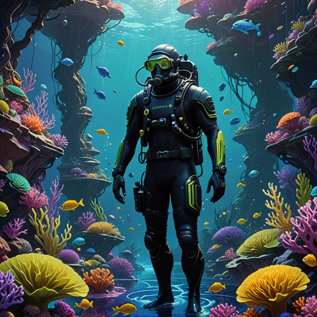Sleek Scuba Diver in Bioluminescent Ocean Depths