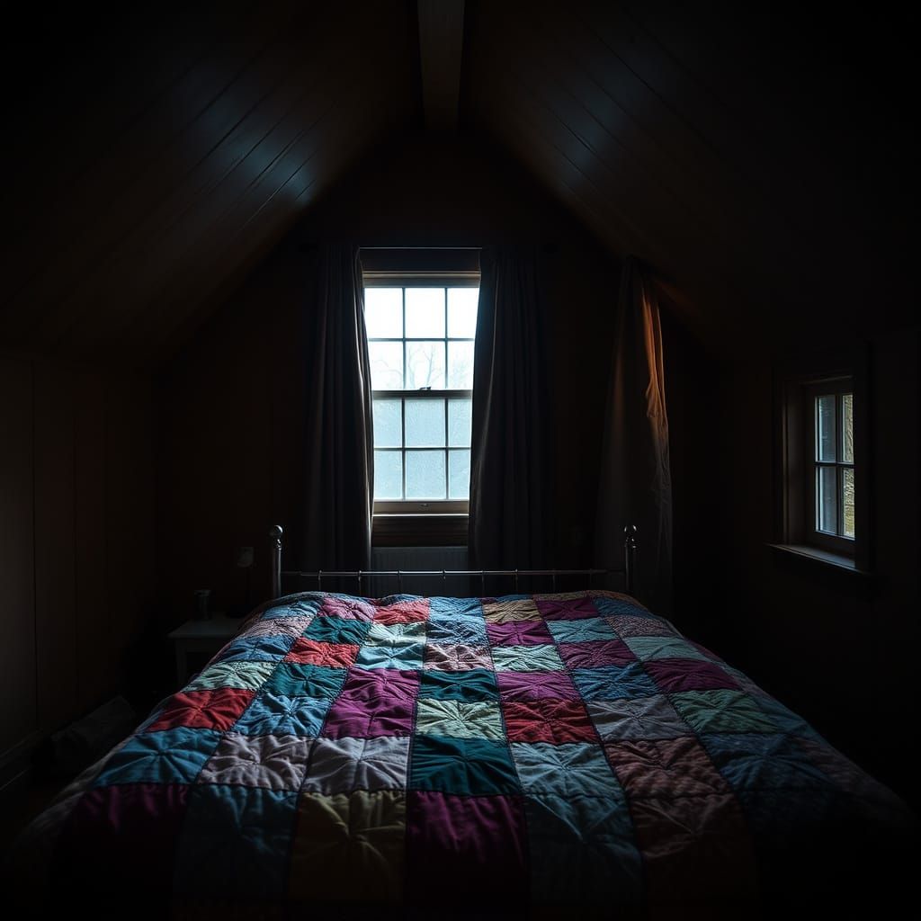 Attic Bedroom with Patchwork Quilt, Moody Lighting