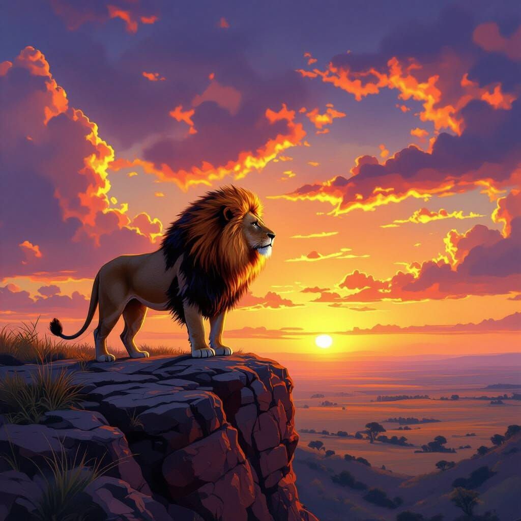 Fiery Lion Overlooking Savannah Sunset, Hyperrealistic Art
