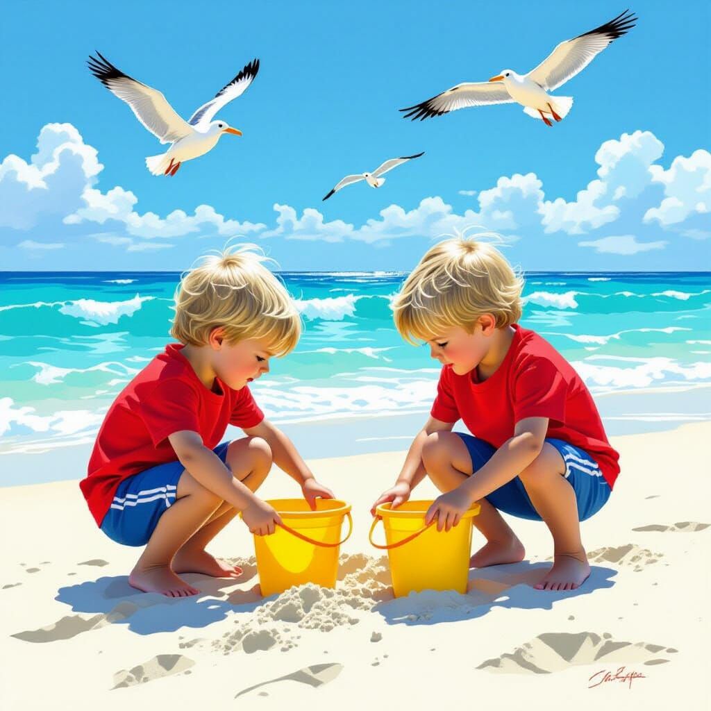 Boys Digging on Beach with Pelicans and Seagulls