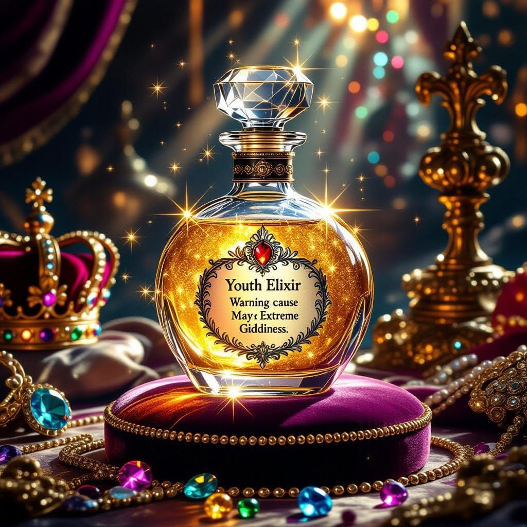 Surreal Baroque Fantasy Glass Bottle with Radiant Gold Potio...