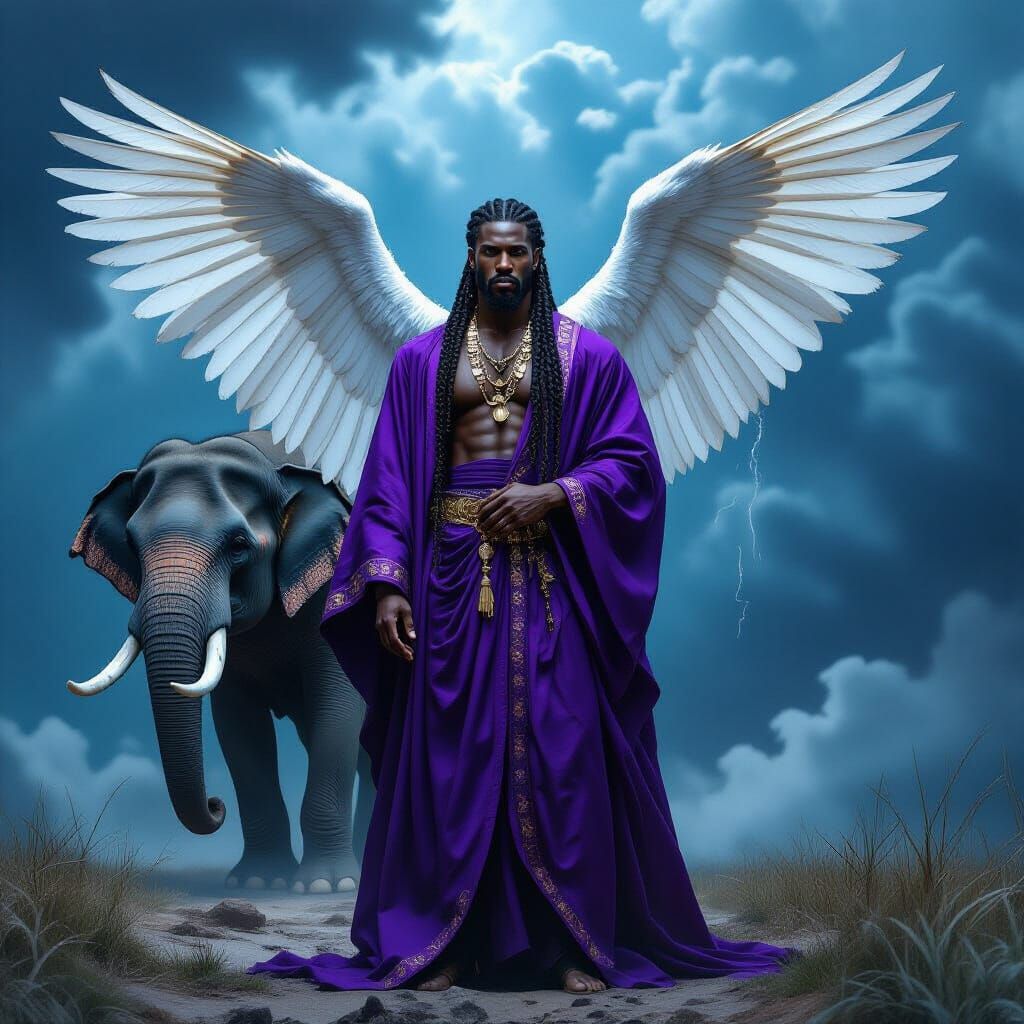 Regal Man With Elephant and Wings Before Storm
