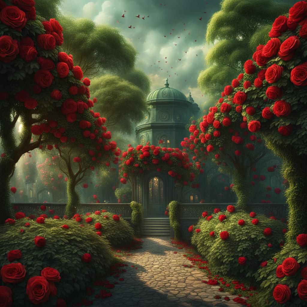 Green Trees and Red Roses Digital Painting
