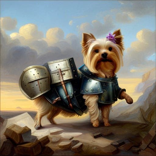 Yorkie in Battle Armor Riding a Pig