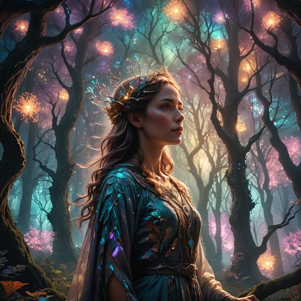 Ethereal Woman in Mystical Forest: Fantasy Concept Art