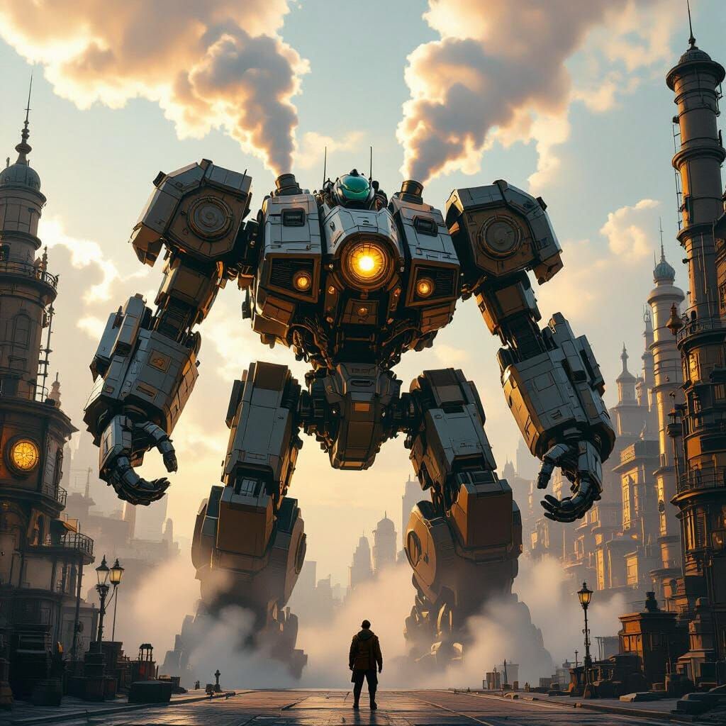 Gigantic Steampunk Mecha Fights in Mechanical City