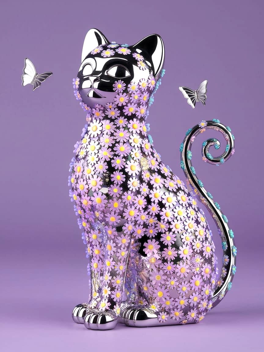 Elegant Chrome Cat Figurine in Vibrant Pastel Flower Arrange...